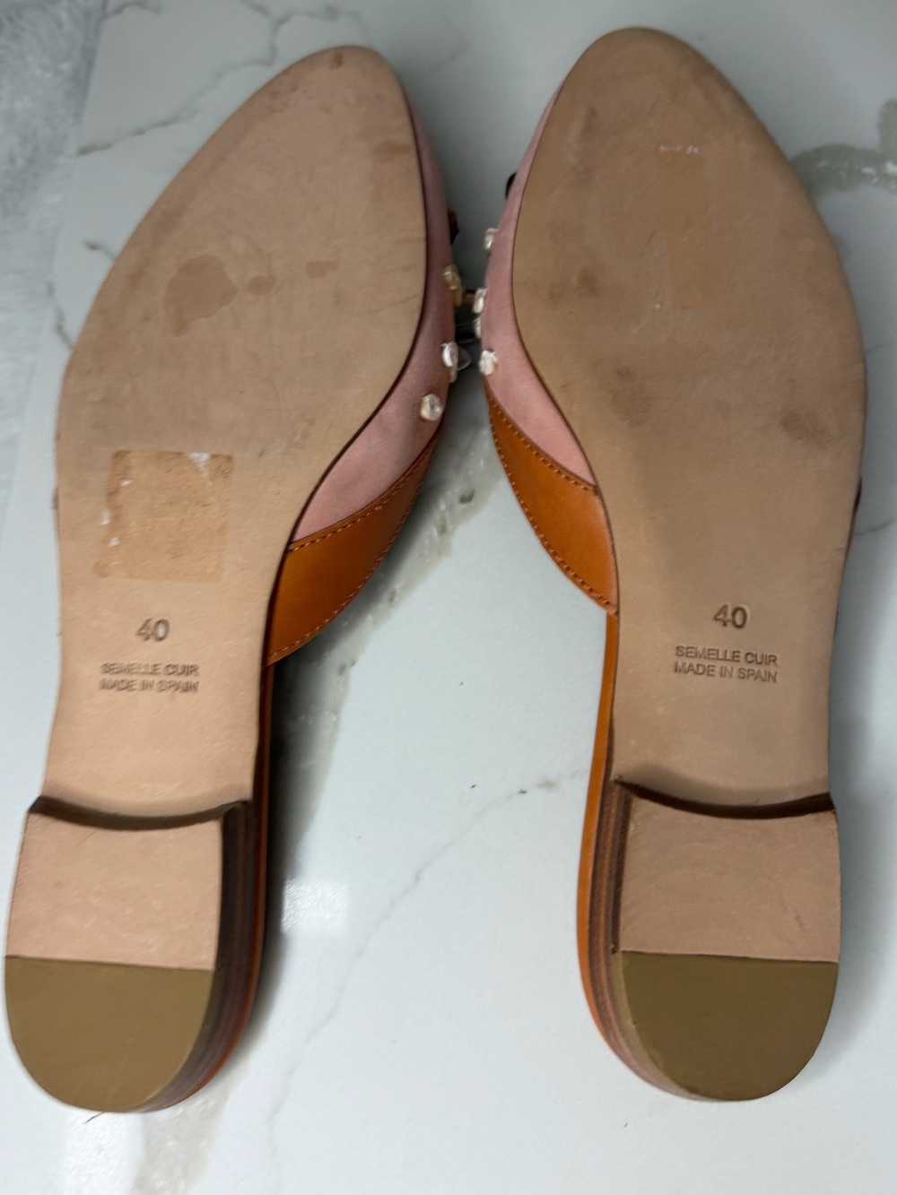 Oscar de la Renta Pink and Tan Beaded Embellished Mules - Picture 2 of 2